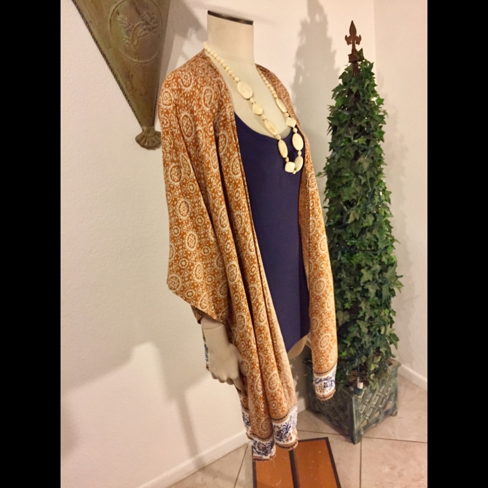 EUC GORGEOUS RUST ORANGY/CREAM/BLUE KIMONO L-1X